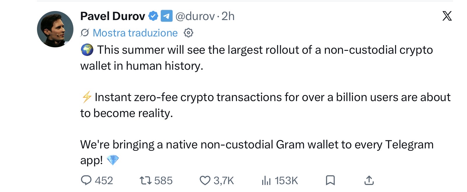 Post di Pavel Durov su X sull'annuncio del wallet Gram