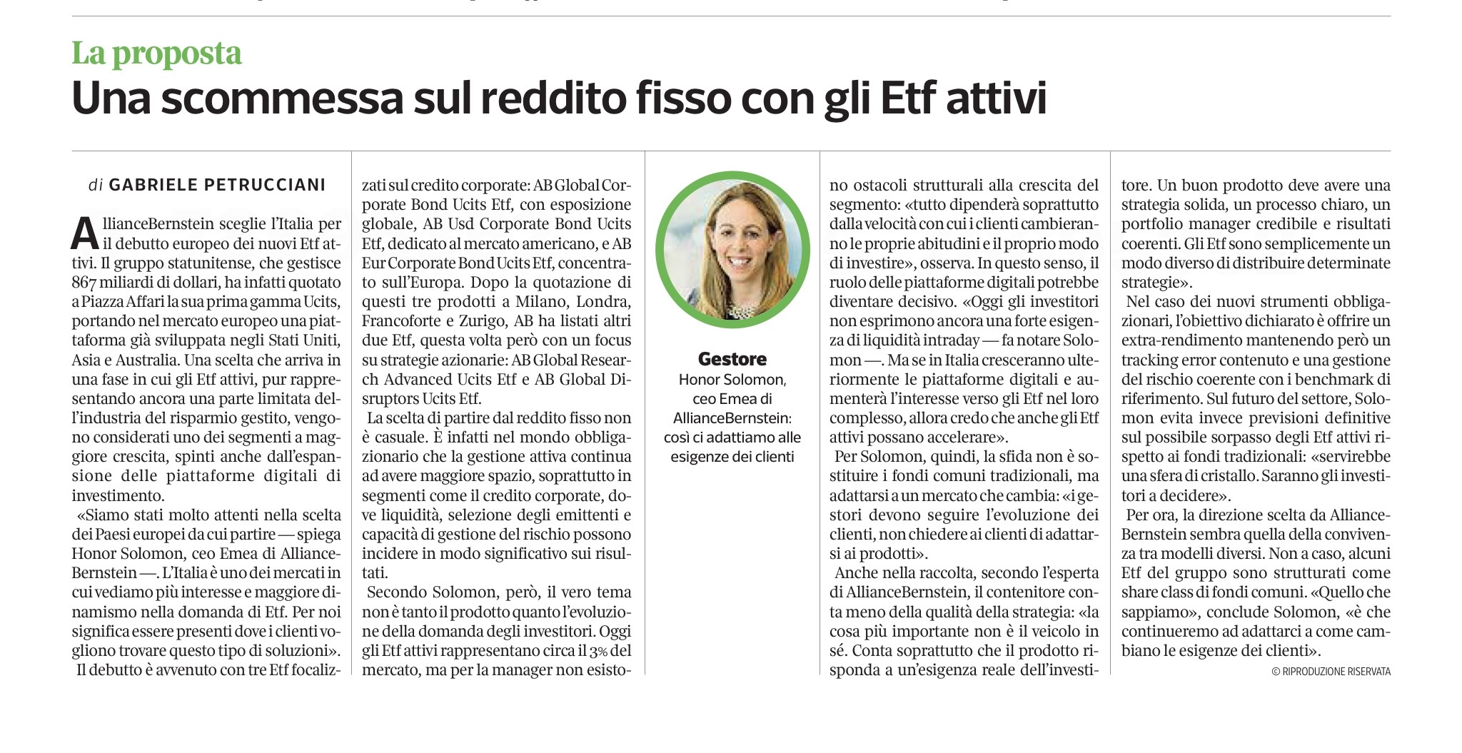 Articolo Corriere della Sera L'Economia su AllianceBernstein ETF attivi