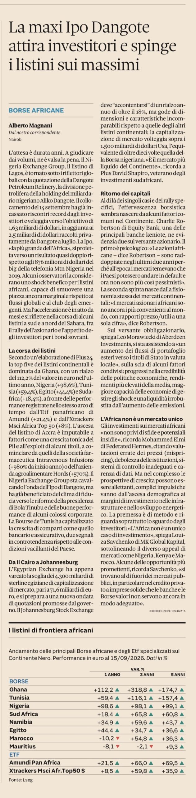 Il Sole 24 Ore Plus24: la maxi Ipo Dangote attira investitori e spinge i listini africani sui massimi