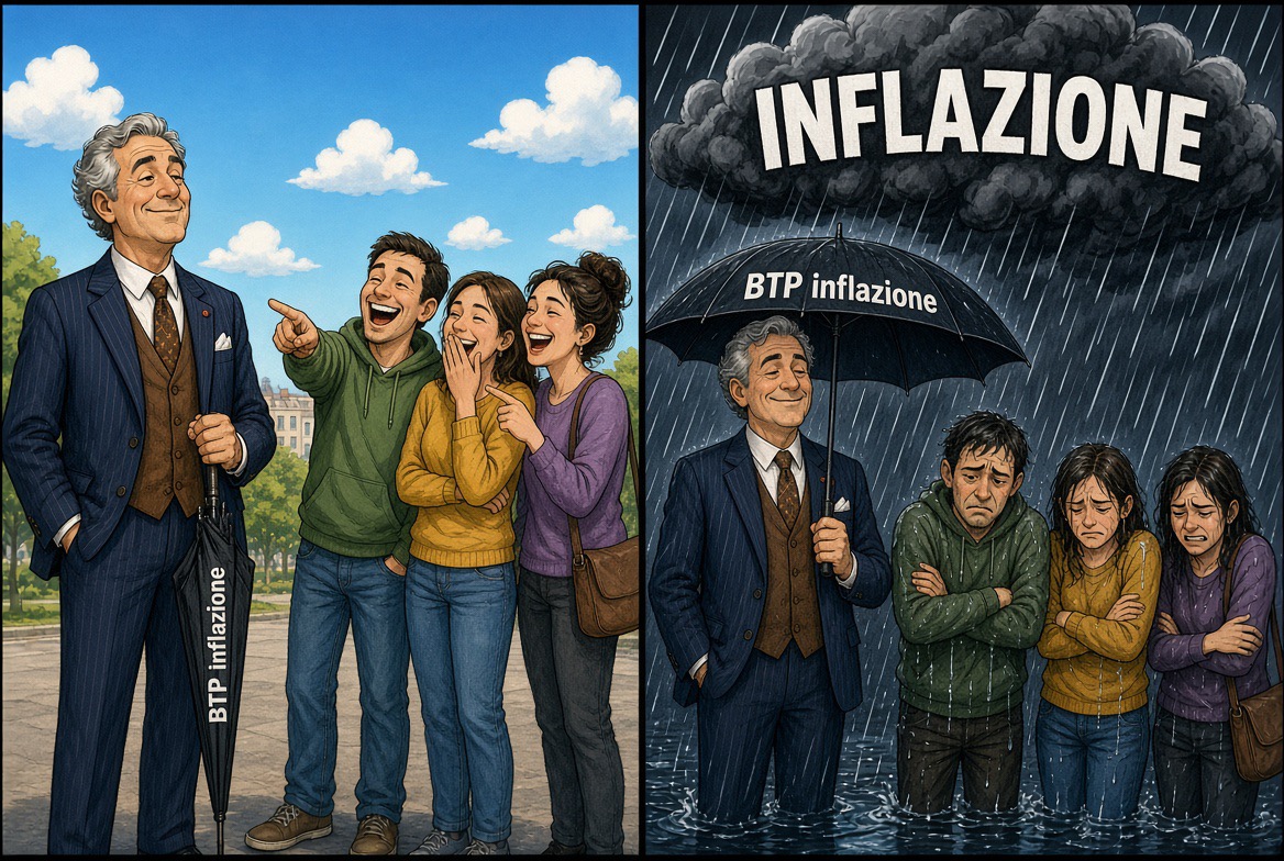 Vignetta: l'ombrello BTP inflazione deriso col sole, indispensabile sotto la pioggia dell'inflazione