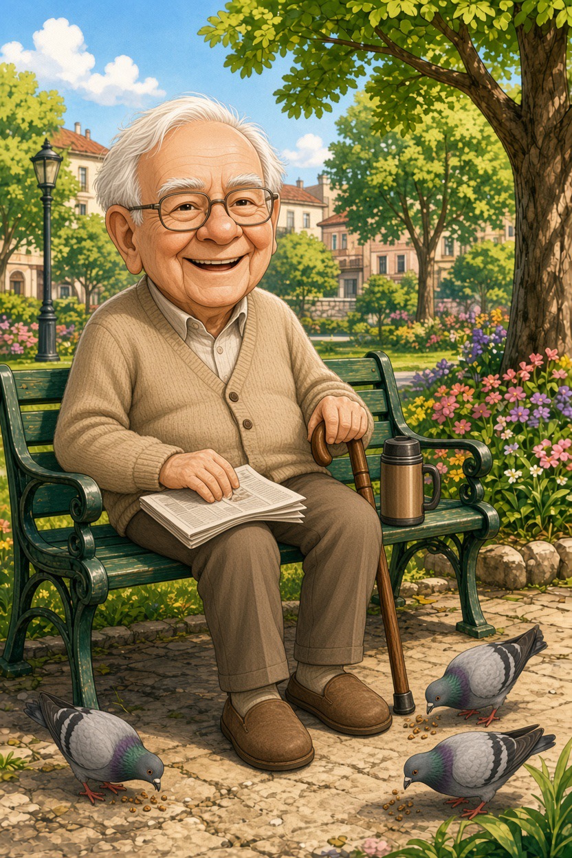 Warren Buffett in pensione su una panchina del parco: illustrazione
