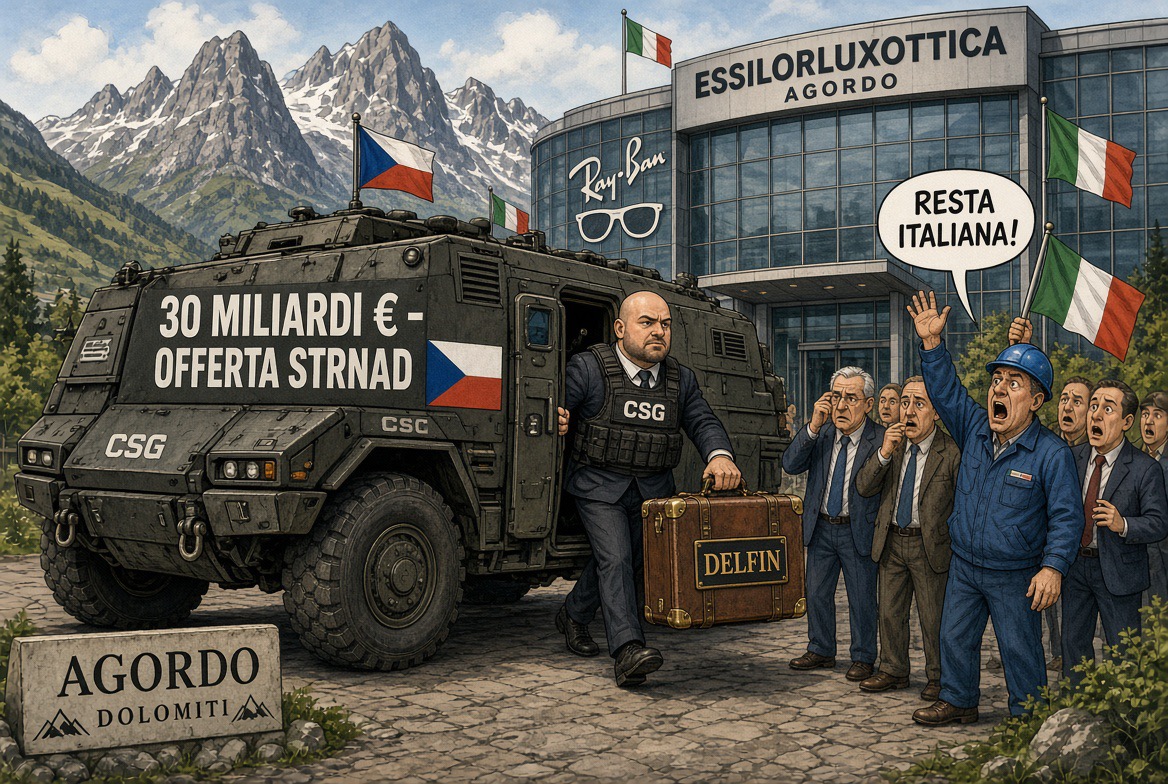 Vignetta satirica: Michal Strnad scende da un blindato CSG davanti alla sede EssilorLuxottica di Agordo con la valigia Delfin, tra eredi e operai che gridano Resta italiana