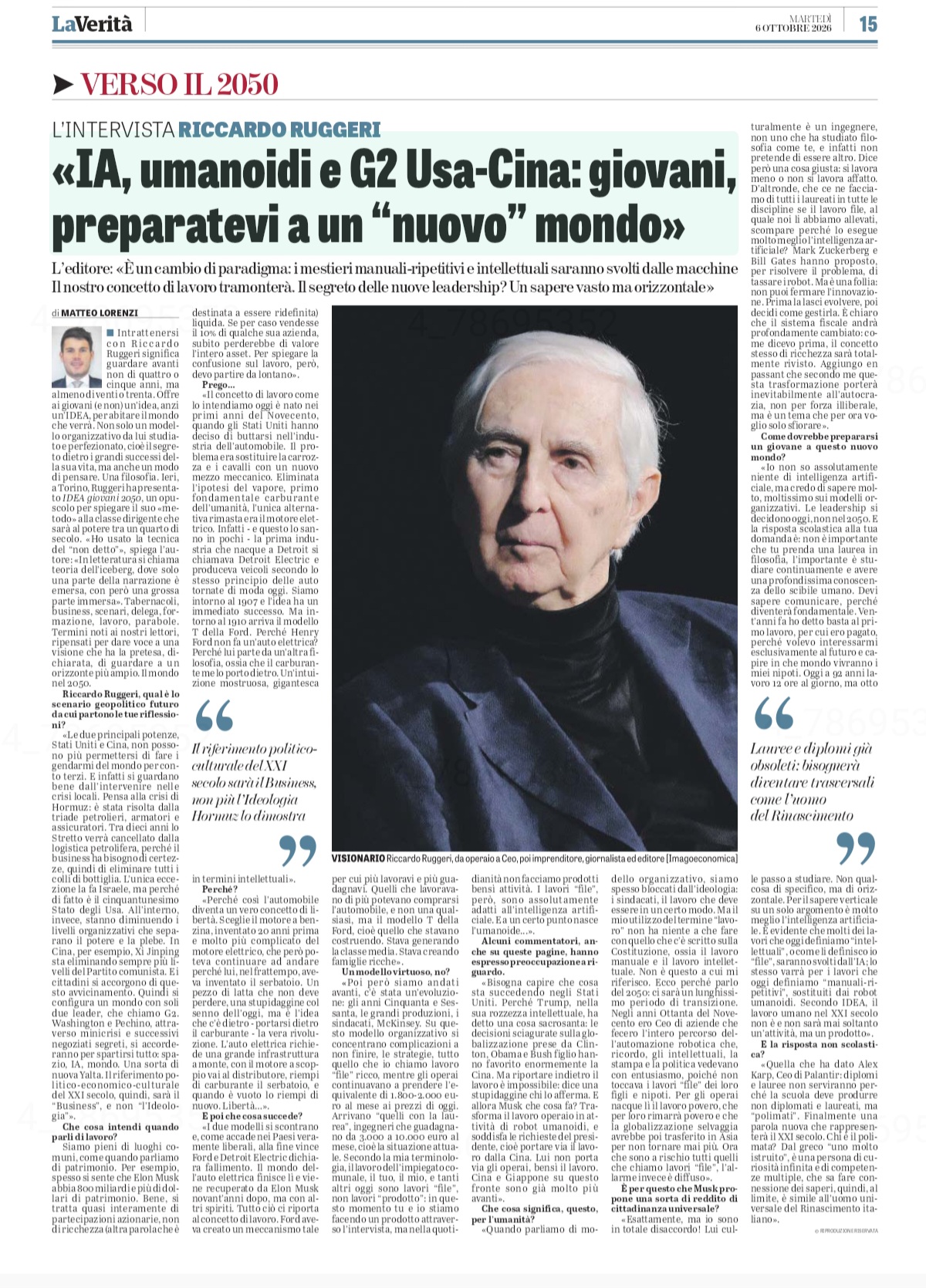 Intervista a Riccardo Ruggeri su La Verità del 6 ottobre 2026: IA, umanoidi e G2 Usa-Cina