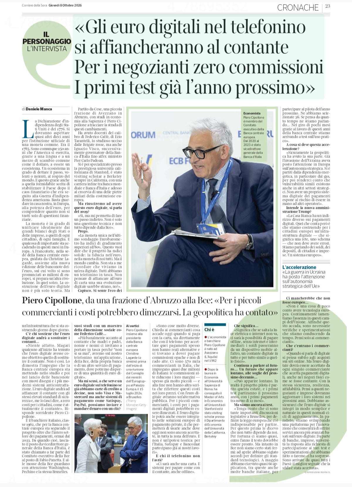Corriere della Sera 8 ottobre 2026, intervista a Piero Cipollone sull'euro digitale