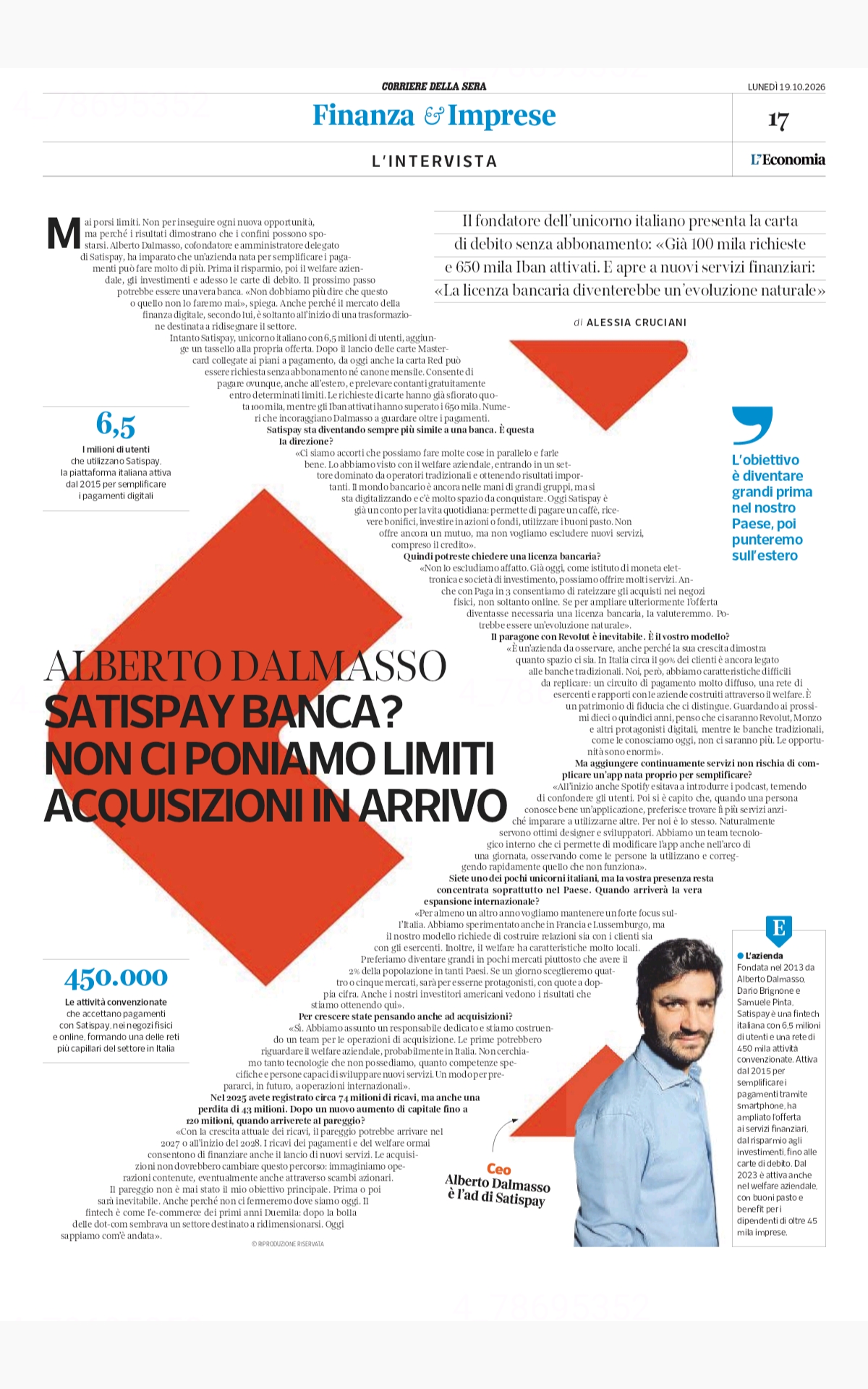 Intervista ad Alberto Dalmasso, Satispay, Corriere della Sera L'Economia 19/10/2026