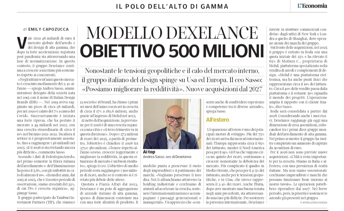 Modello Dexelance, obiettivo 500 milioni - L'Economia del Corriere della Sera, 19/10/2026