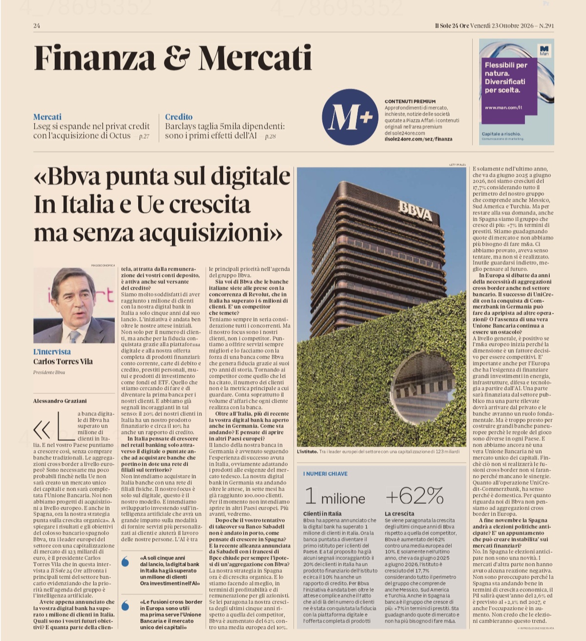 Intervista a Carlos Torres Vila, presidente BBVA, Il Sole 24 Ore 23 ottobre 2026