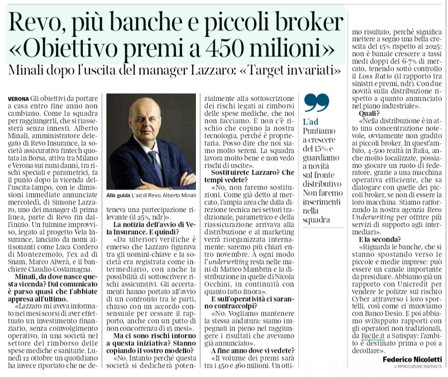 Corriere del Veneto, intervista ad Alberto Minali su REVO Insurance